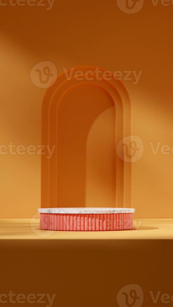 3D image render template mockup of marble and pink podium in portrait with yellow geometric wall photo