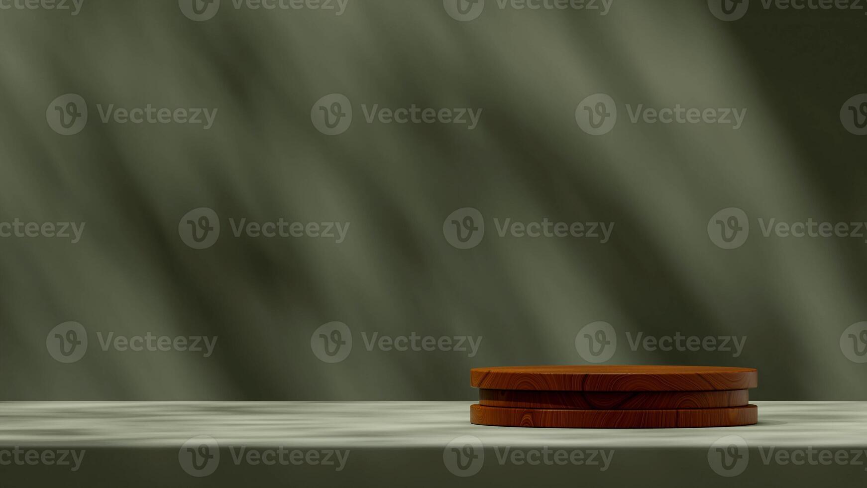 3D rendering mockup space of cylinder wood texture podium in landscape with dark green wall photo