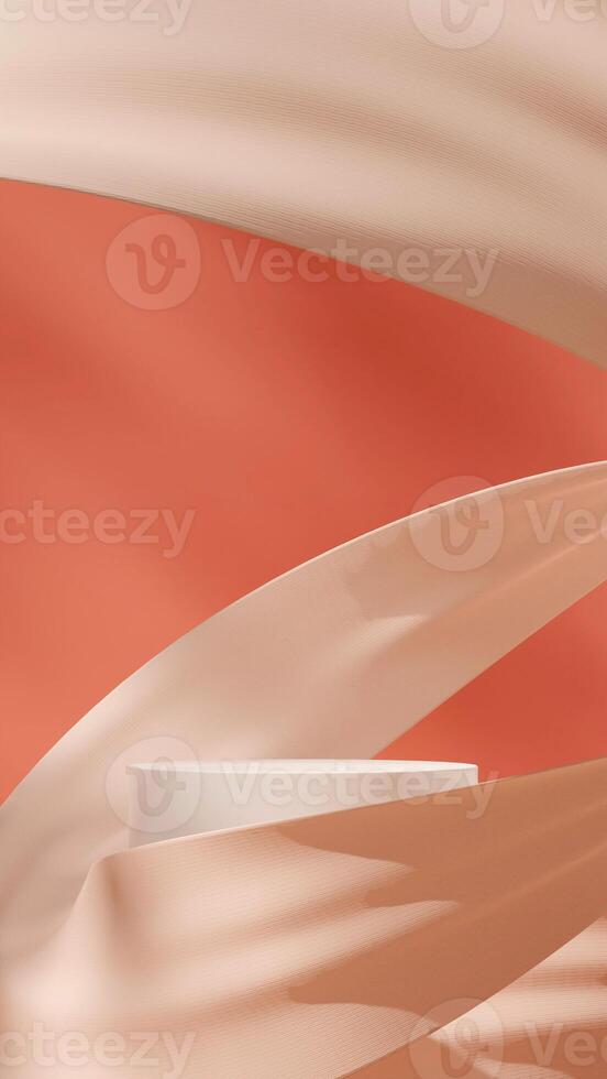 3D image render mockup space white round podium in portrait with floating cloth and red wall photo