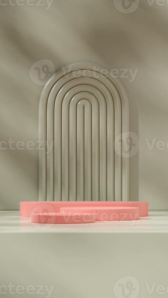 Bright pink podium in portrait with ebony green arch and wall 3D image render scene mockup photo