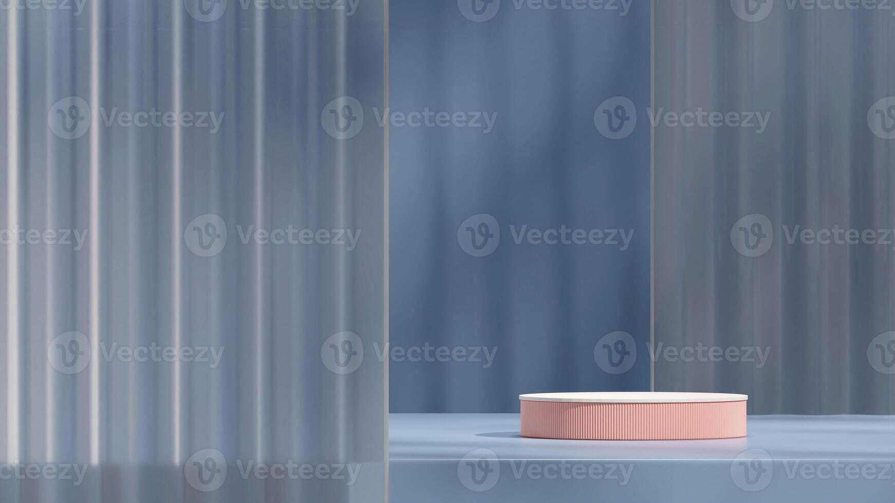 White and pink podium in landscape with glass and blue wall 3D rendering mockup scene photo