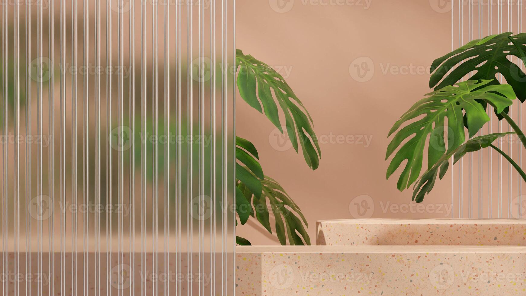 Brown terrazzo texture podium in landscape with glass and monstera plant 3D image render empty scene photo