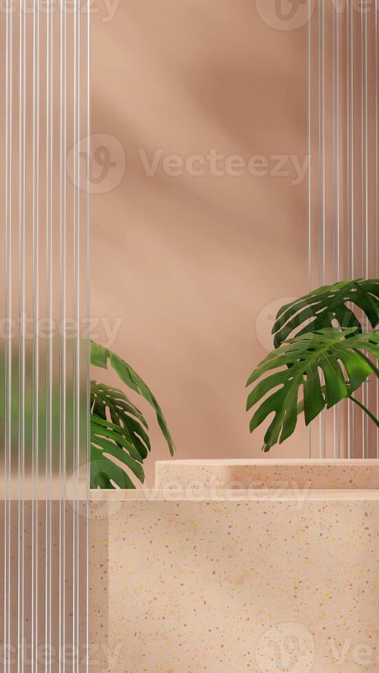 Brown terrazzo texture podium in portrait with glass and monstera plant 3D image render empty scene photo