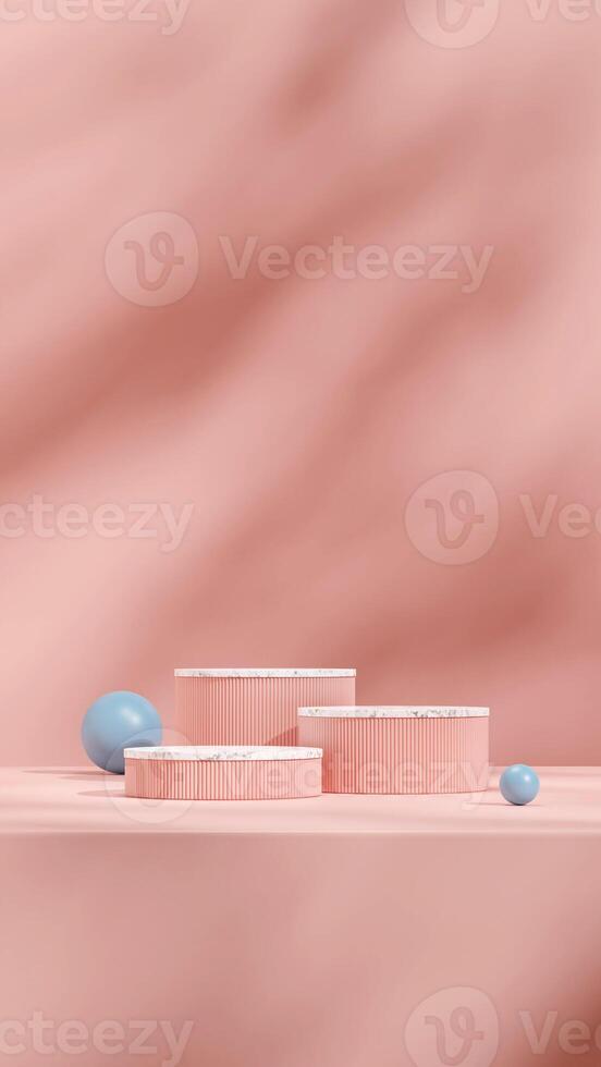 White marble and pink podium in portrait with blue ball and pink wall, 3D render mockup space photo