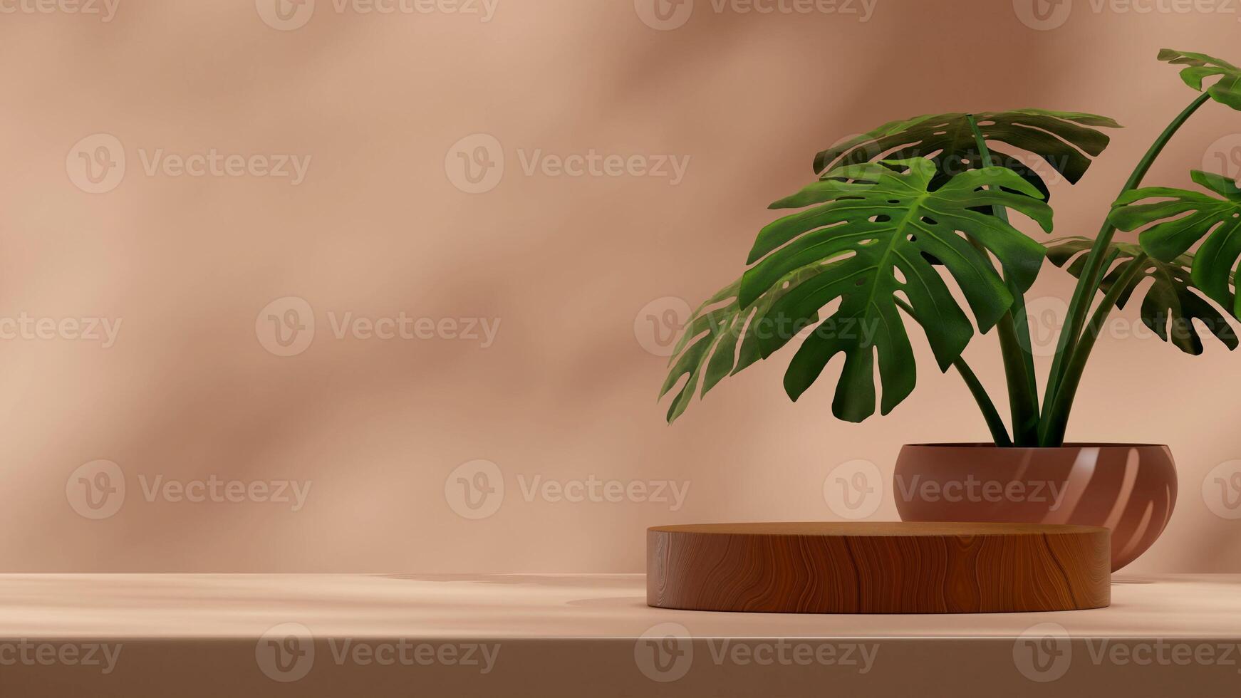 Scene mockup of wood cylinder podium in landscape with monstera in pot house plant, 3D rendering photo