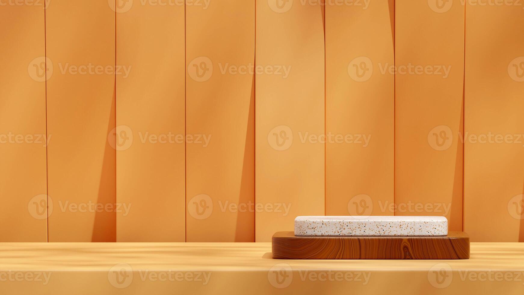 Yellow wall 3D image render mockup scene terrazzo and wood texture podium in landscape photo