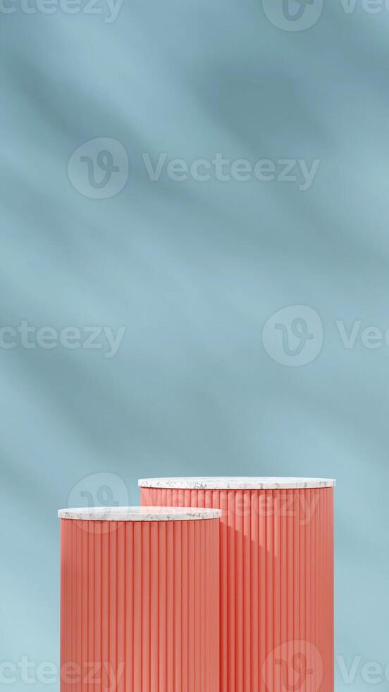 3D image render scene mockup of white marble and pink podium in portrait with light blue wall photo