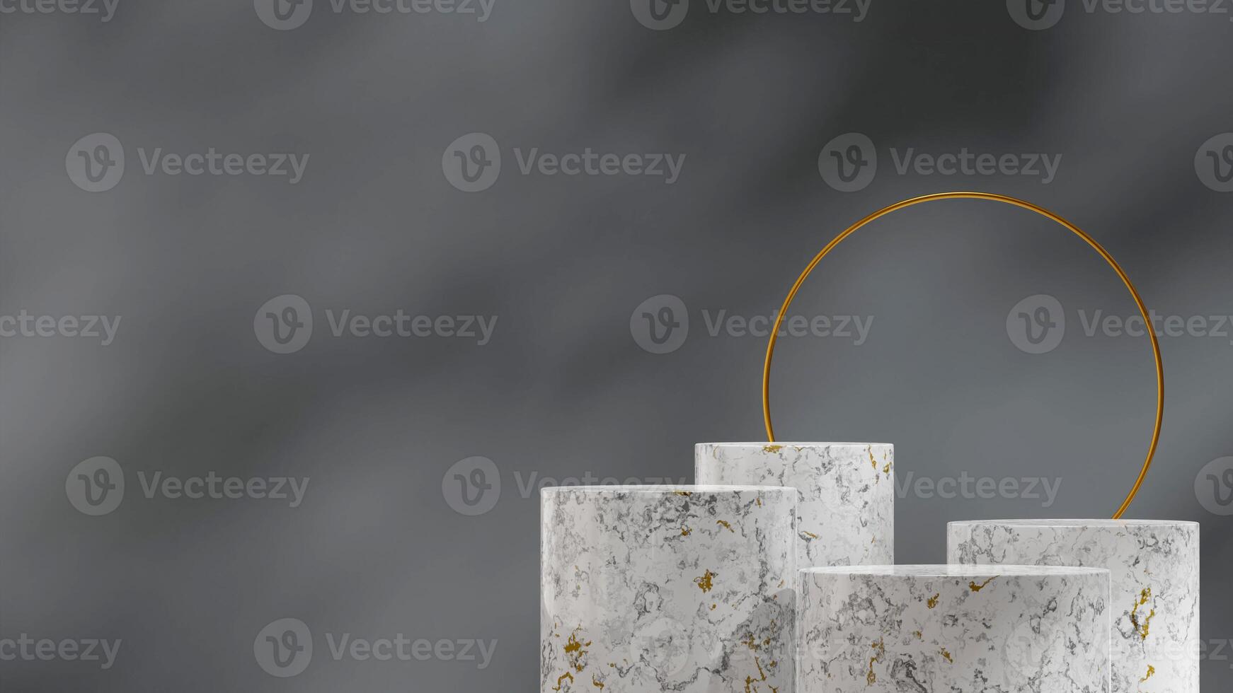 Template mockup of white marble cylinder podium in landscape gold ring and grey wall 3D image render photo