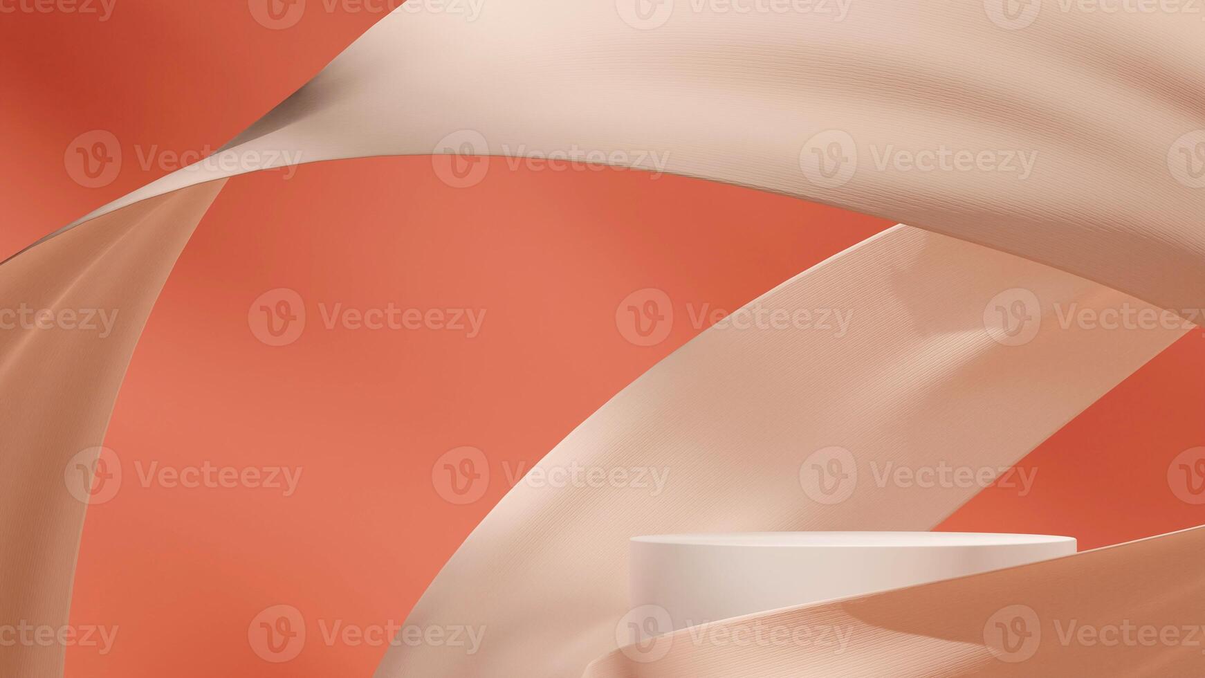 3D image render mockup space white round podium in landscape with floating cloth and red wall photo