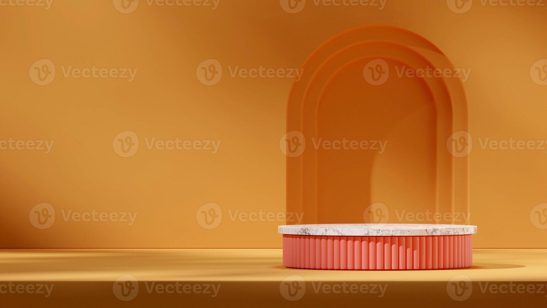 3D image render template mockup of marble and pink podium in landscape with yellow geometric wall photo