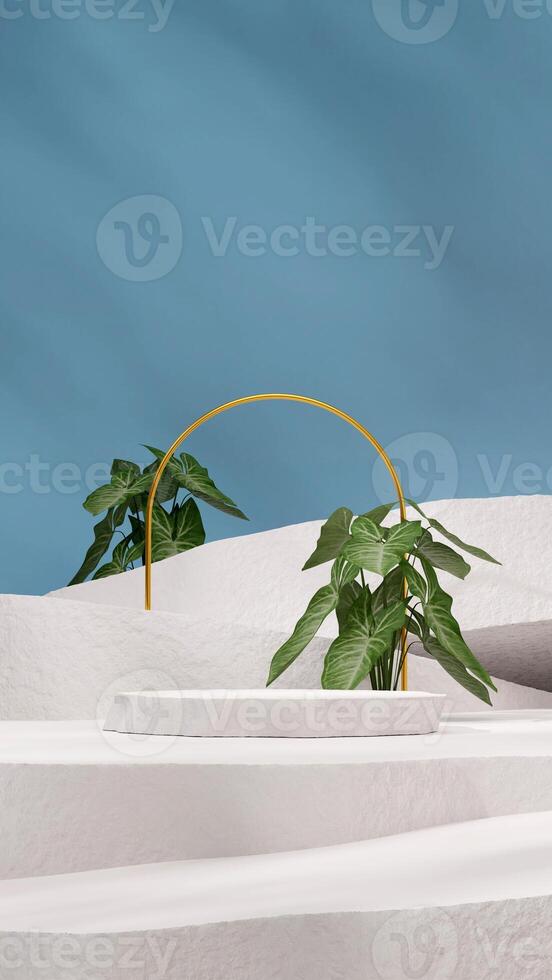 Mockup template of white rock podium in portrait with gold arch and syngonium plant, 3D rendering photo
