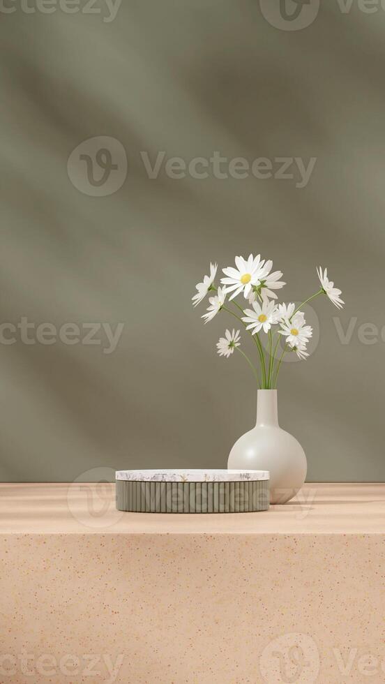 Daisy flower and brown floor 3D render blank space of white marble and green podium in portrait photo