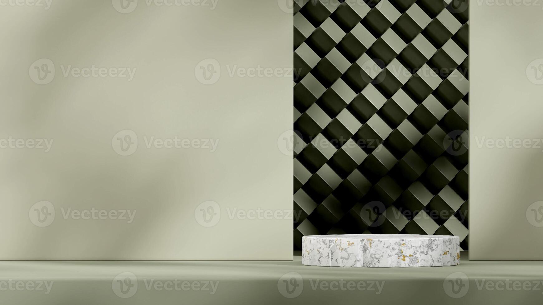 Green geometrical wall 3D rendering empty scene of white cylinder marble podium in landscape photo