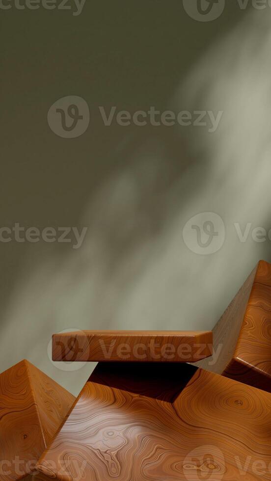 Portrait layout of green wall, 3D rendering template mockup of wood rectangle podium photo