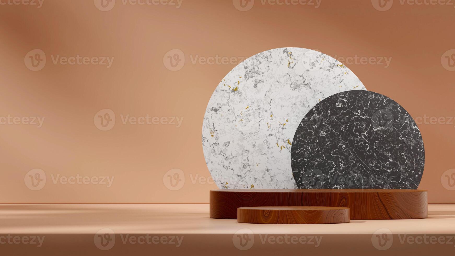 3D image render mockup space of brown wood podium in landscape with white and black marble circle photo