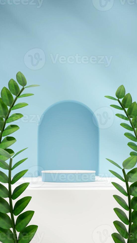 3D render blank mockup of light blue and white podium in portrait with zamia house plant background photo