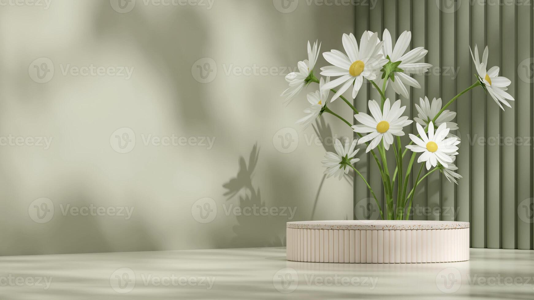 White daisy and green background 3D render template mockup of terrazzo texture podium in landscape photo