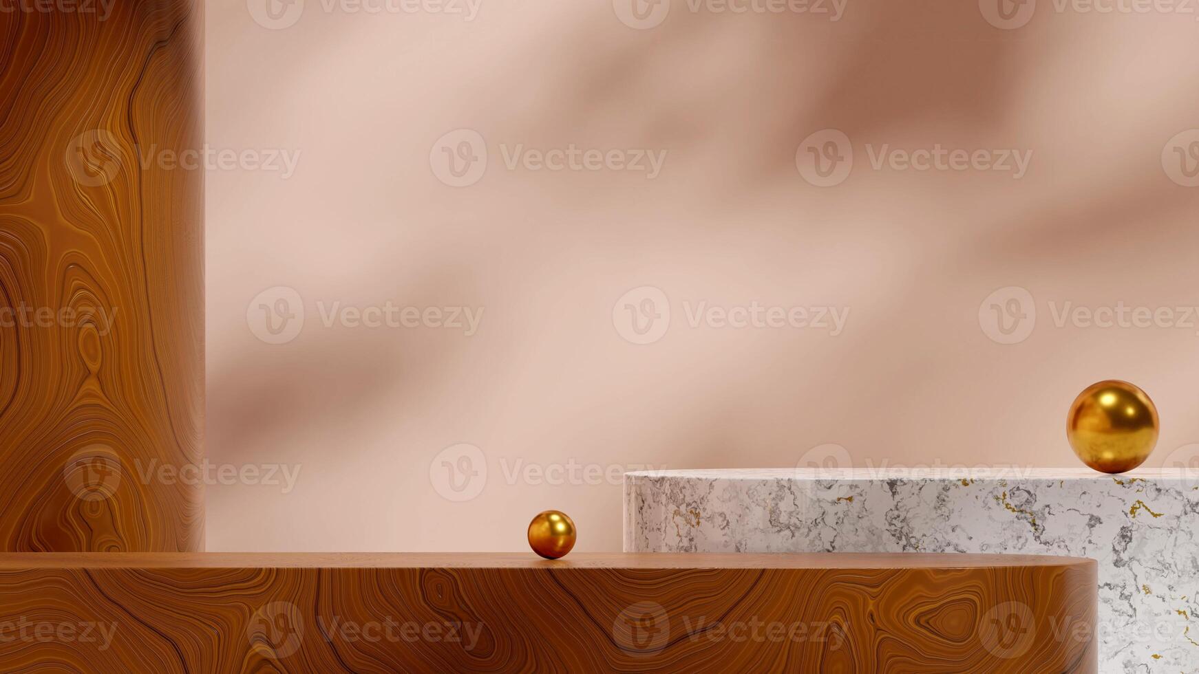 Mockup space of marble and wood texture podium in landscape with apricot color wall, 3D image render photo