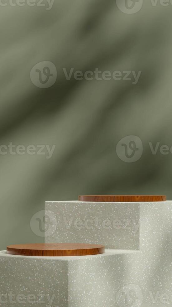 Portrait layout of green wall, 3D render blank space of terrazzo and wood podium photo