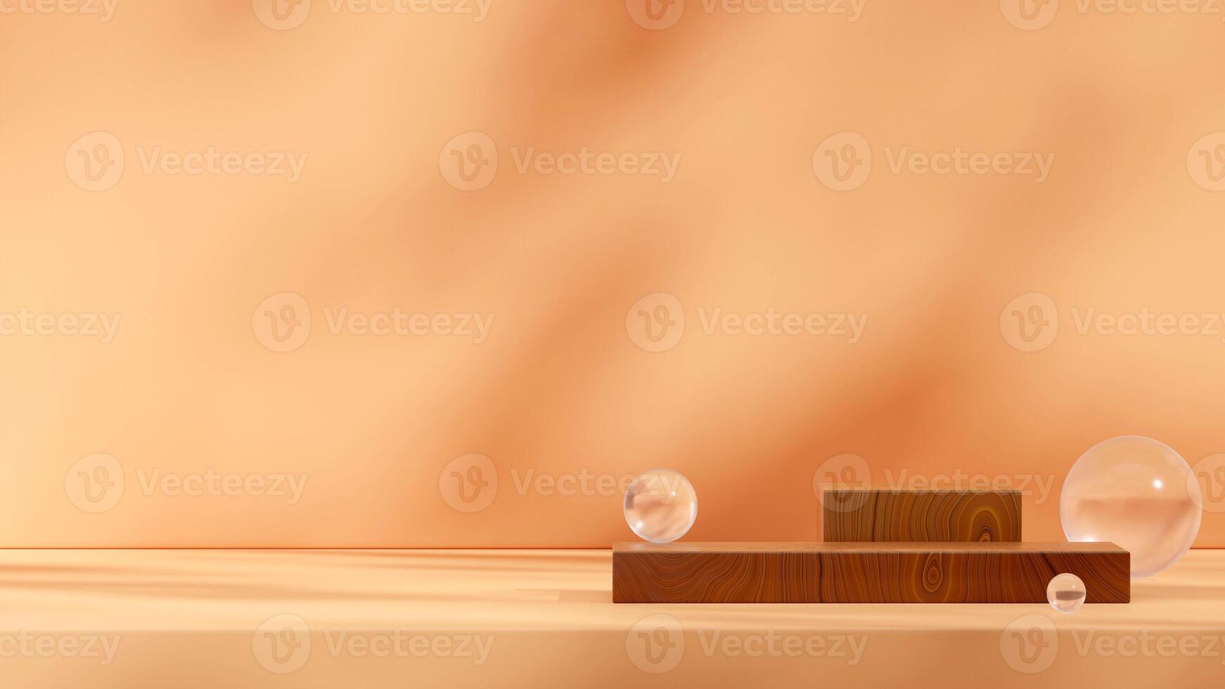 Orange wall and glass sphere, 3D render mockup template wood texture block podium in landscape photo