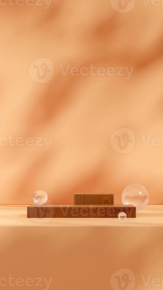 Orange wall and glass sphere, 3D render mockup template wood texture block podium in portrait photo