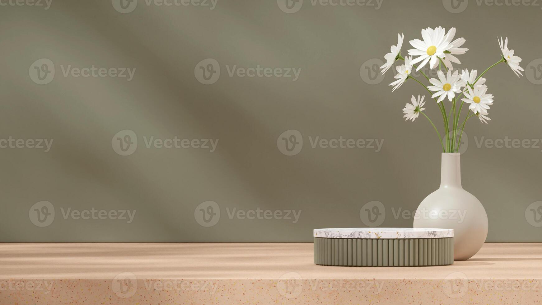 Daisy flower and brown floor 3D render blank space of white marble and green podium in landscape photo