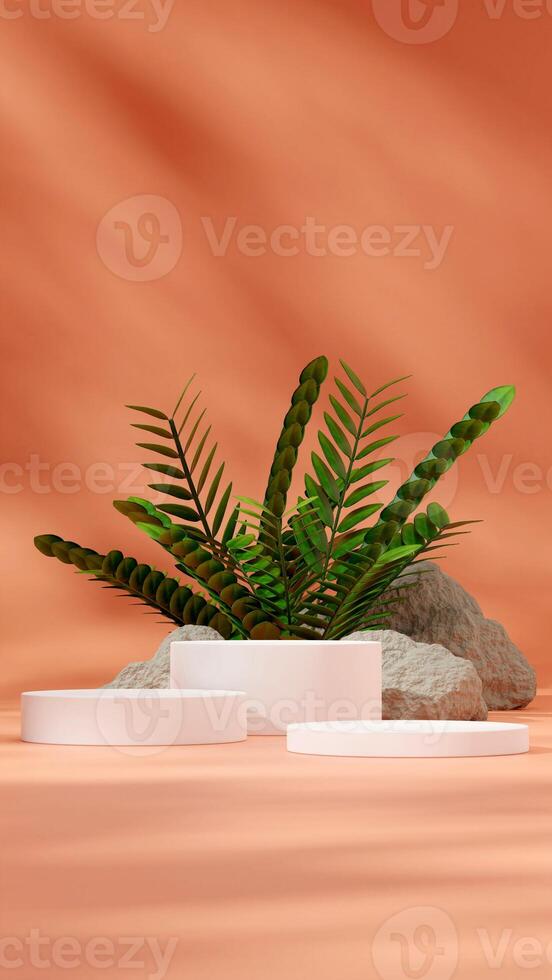 Blank mockup of white cylinder podium in portrait green zamia, rocks, and orange wall 3D render photo