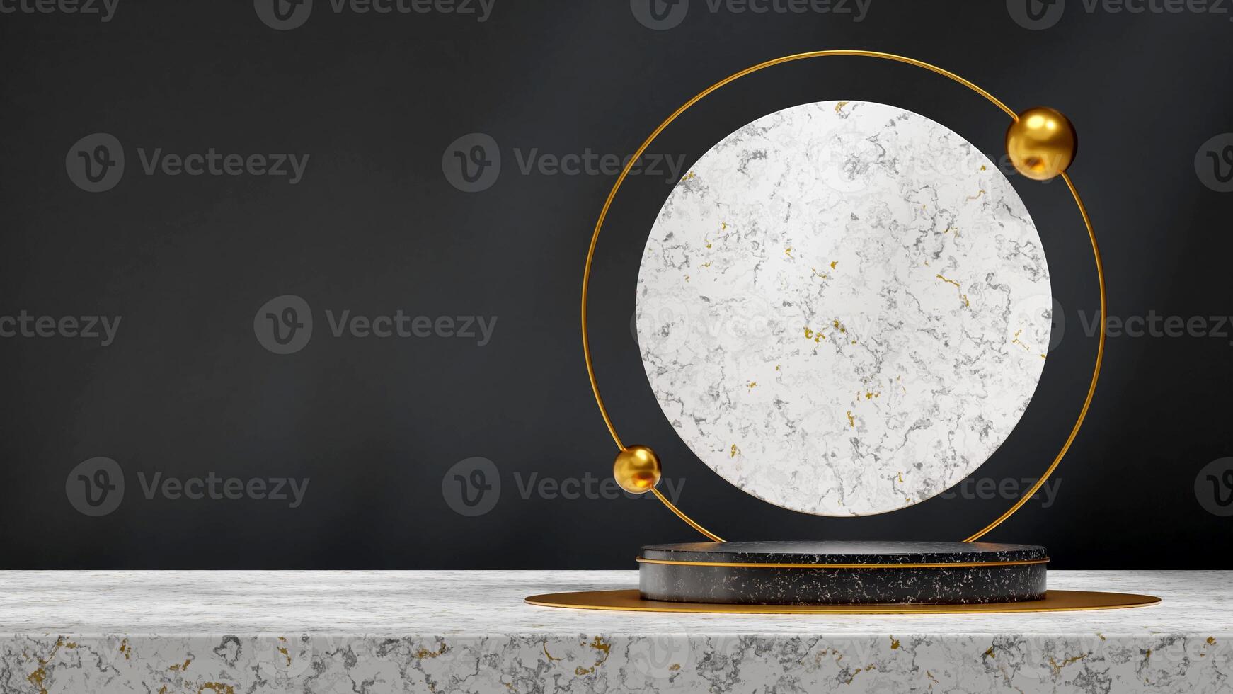 Black marble cylinder podium in landscape with white marble circle and gold 3D render mockup scene photo