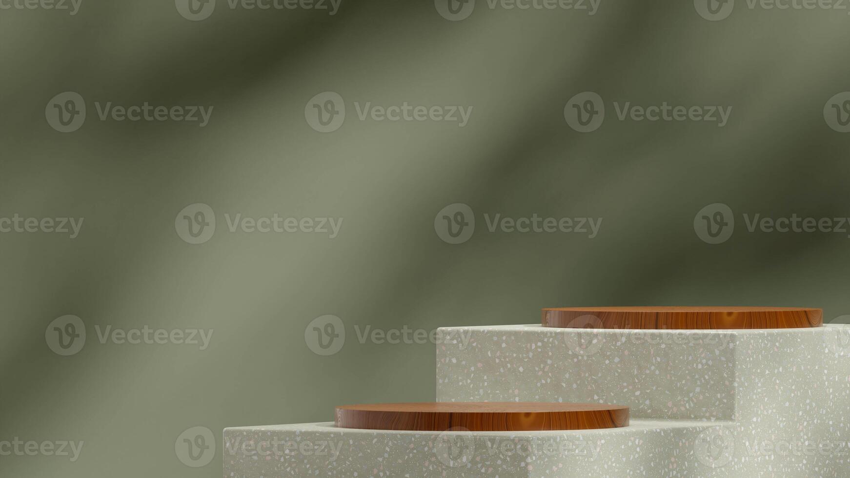 Landscape layout of green wall, 3D render blank space of terrazzo and wood podium photo
