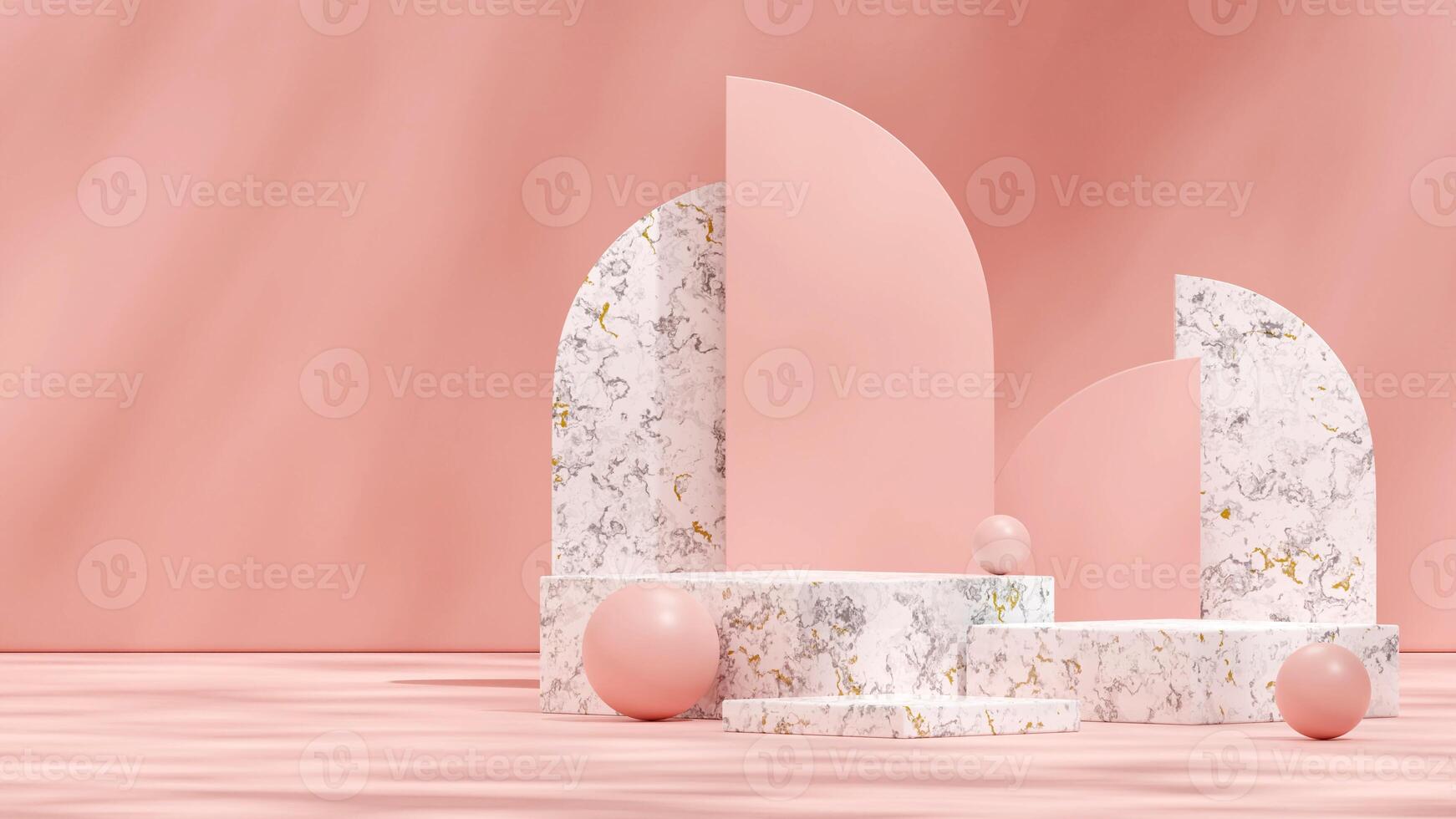 Marble block podium in landscape pink arch and ball, 3D rendering template mockup photo