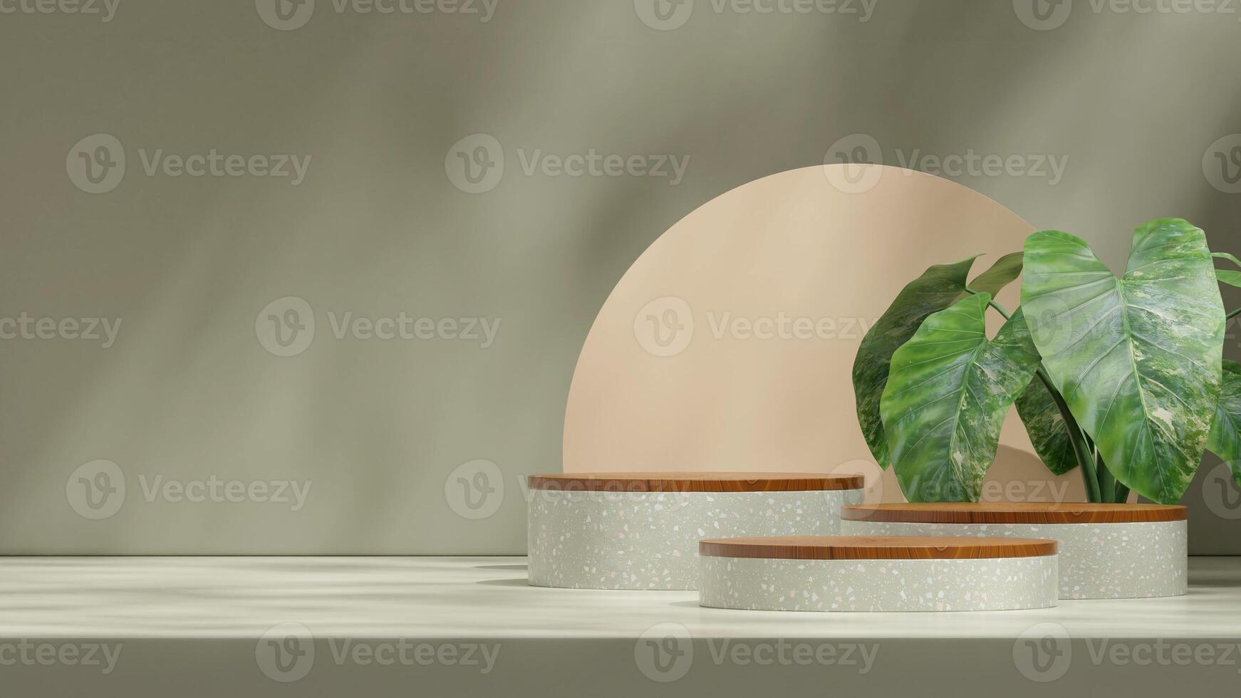 Green terrazzo texture podium in landscape with alocasia house plant, 3D rendering mockup template photo