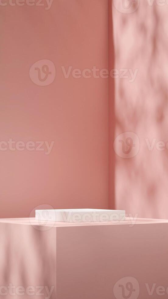 Minimal 3d rendering mockup template white podium in portrait with pink wall background photo