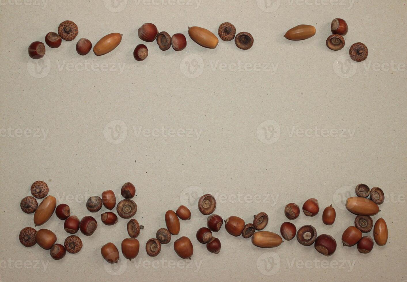 Acorns with caps on a beige background. Place for text photo