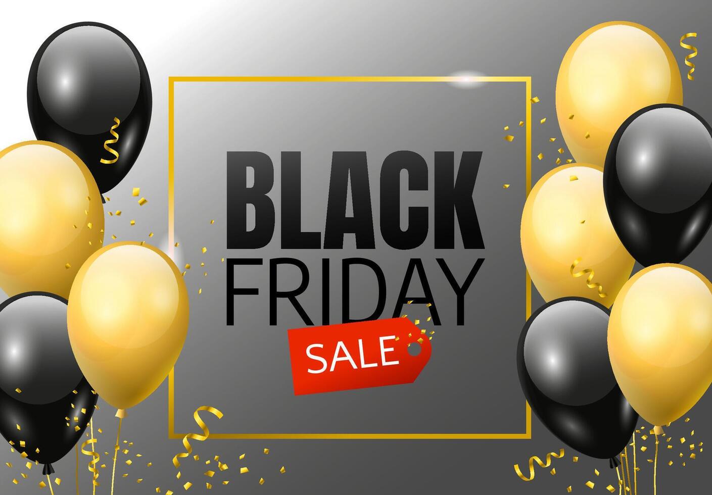 Black Friday sale design concept. Black and golden glossy balloons and confetti with text on grey background vector