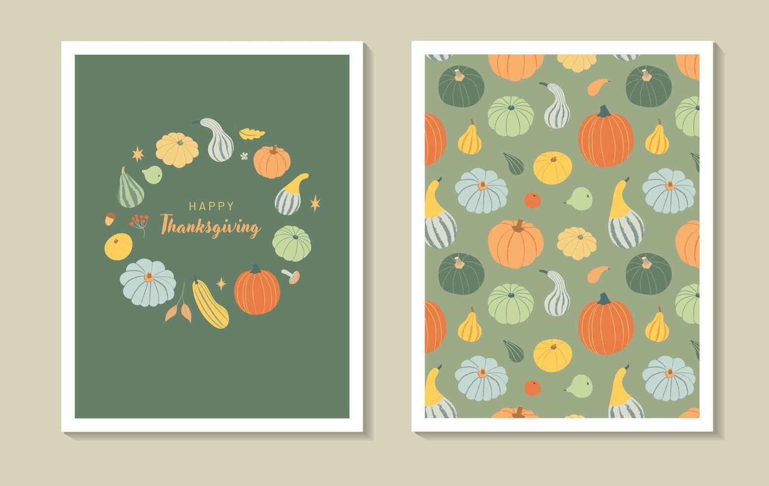 Set of cozy Thanksgiving designs for greeting card or poster. Seamless pattern with autumn pumpkins and gourds on green background. Pumpkin wreath illustration vector