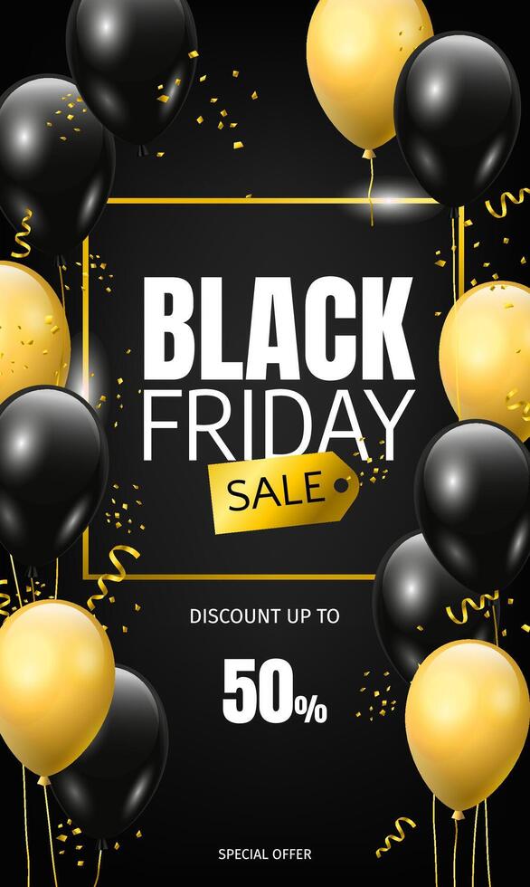 Black Friday flyer or web banner design template with glossy balloons and festive confetti on black background. Discount up to 50 vector