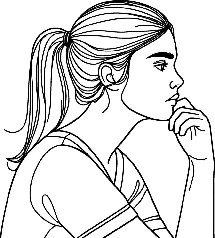 A girl with her hand on her chin coloring page vector