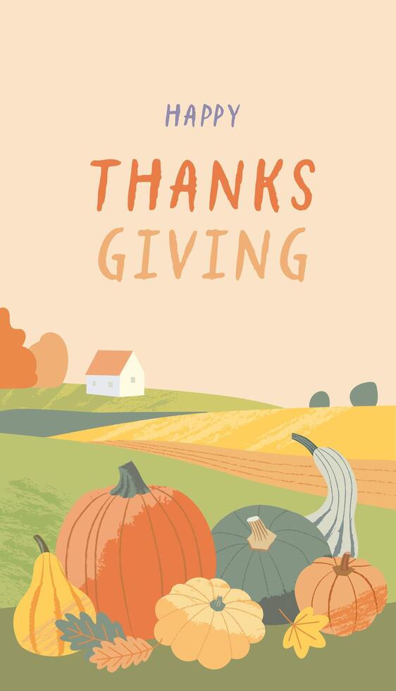 Cozy Thanksgiving harvest illustration with pumpkins and gourds set and a scenic autumn countryside. Greeting card vertical design in modern flat style with textures vector