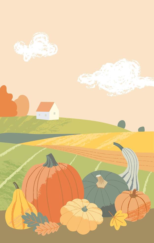 Autumn landscape with pumpkins, squashes and a farmhouse. Harvest celebration illustration for Thanksgiving day greeting card, banner or poster design vector