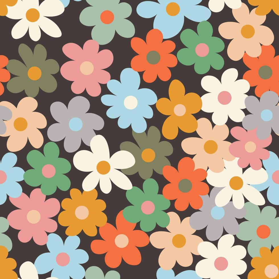 seamless pattern with doodle flowers on black background vector