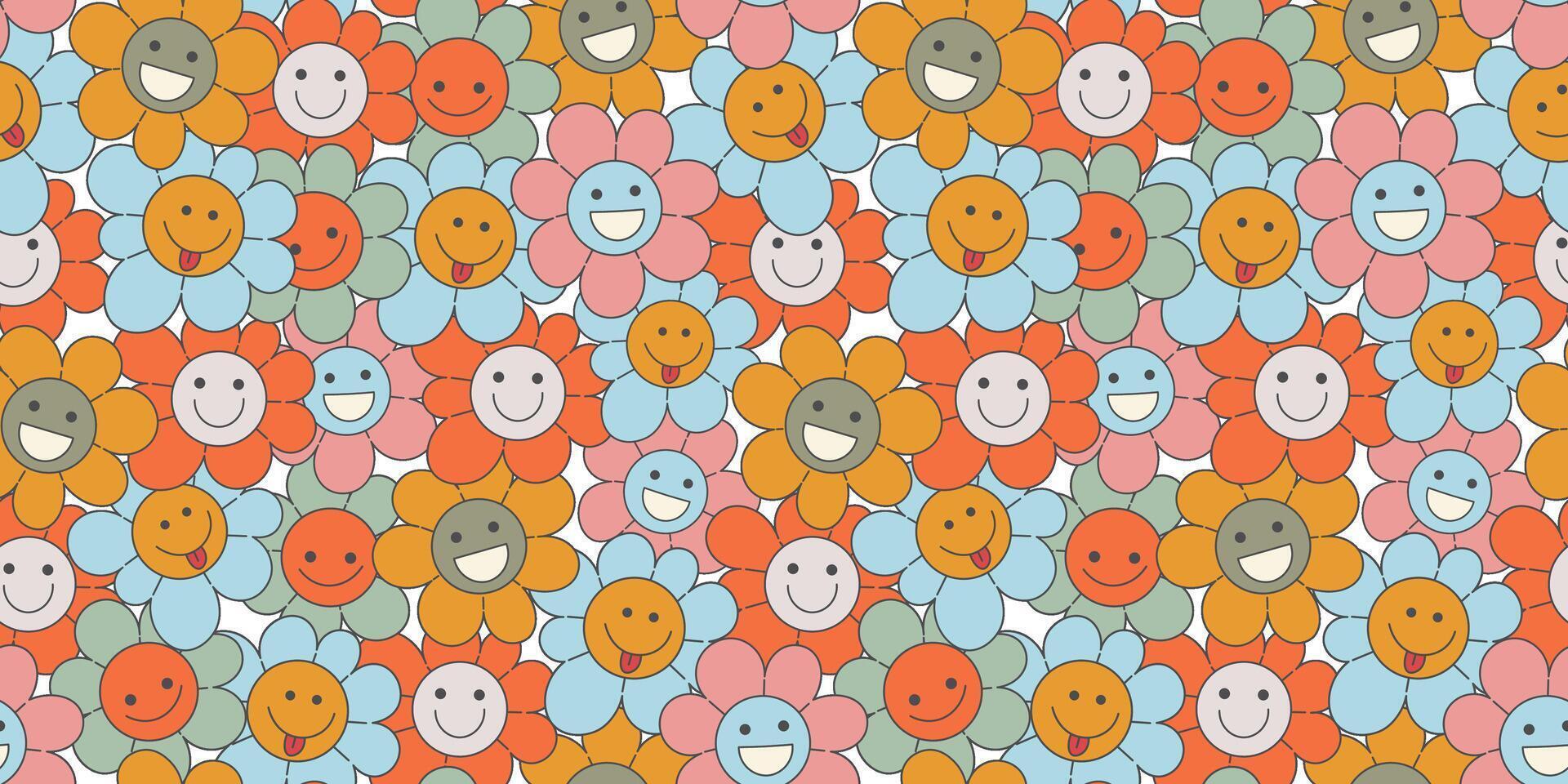 seamless pattern with smiling flowers in groovy style vector
