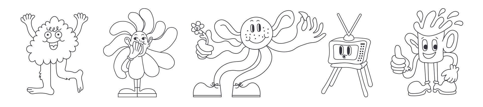 linear funny characters set in groovy style vector