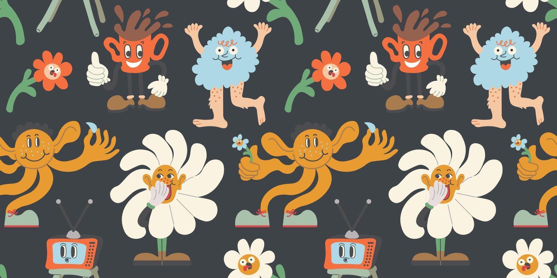 seamless pattern with abstract characters in groovy style on black background vector