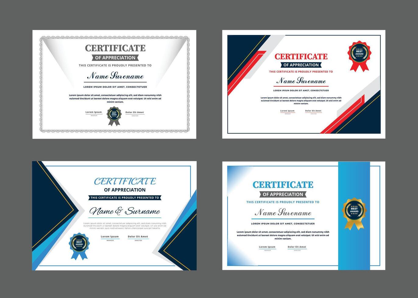 Elegant and luxurious certificate template set. Collection of modern and luxury diplomas with badge illustration. Pro vector
