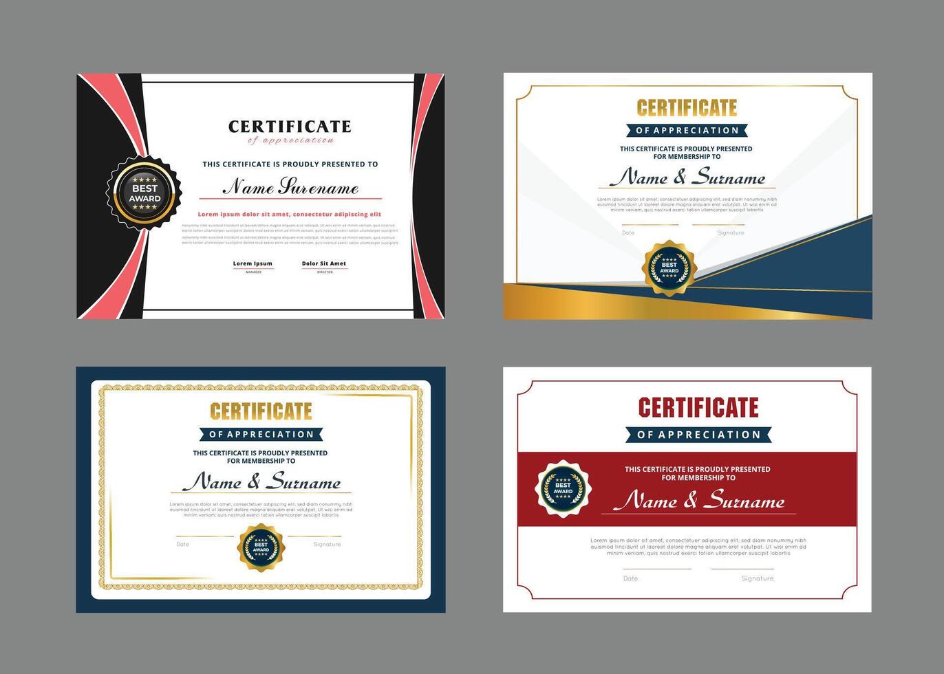 Certificate templates set of four certificates with different designs vector