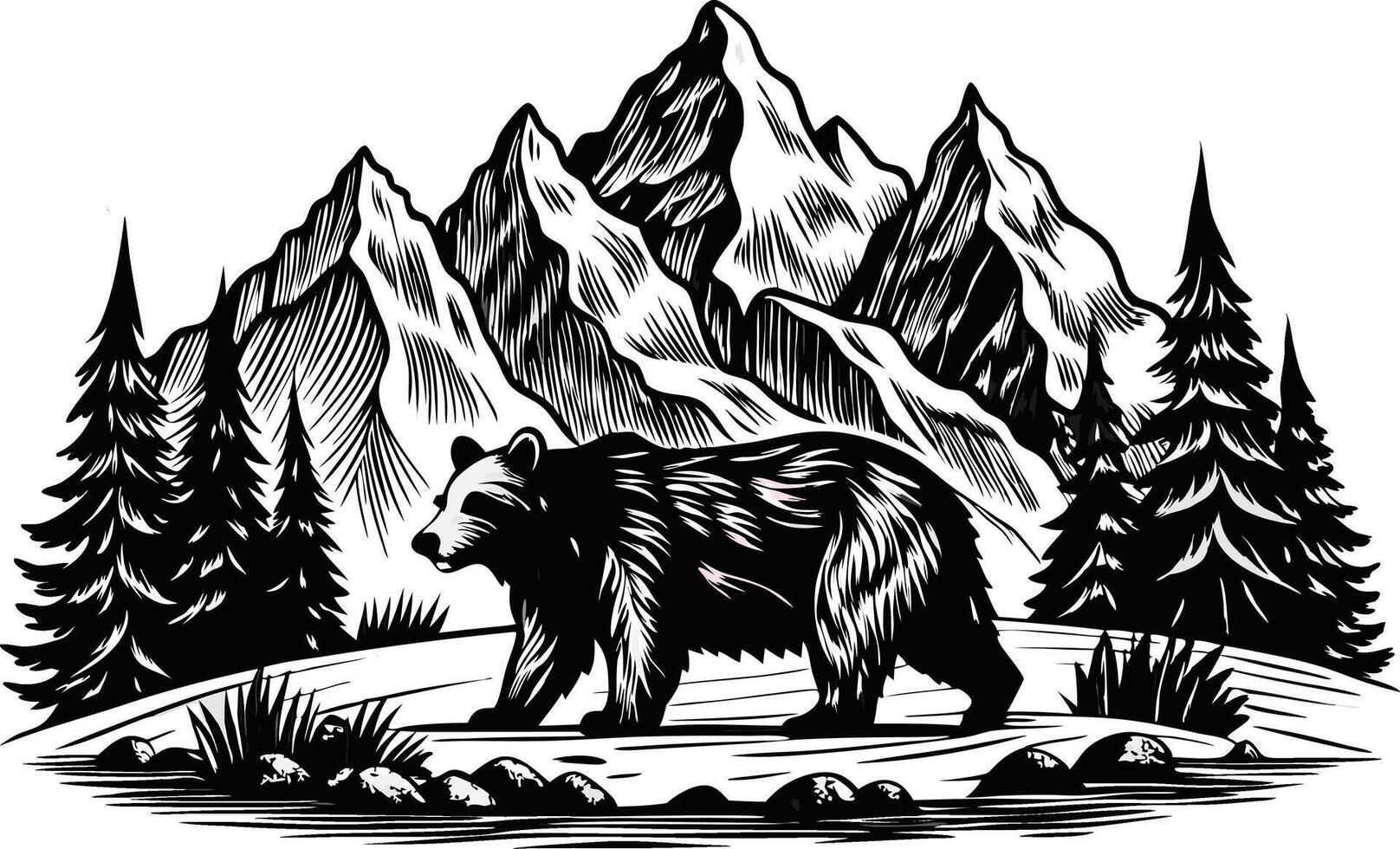 A black and white drawing of a bear in the mountains vector