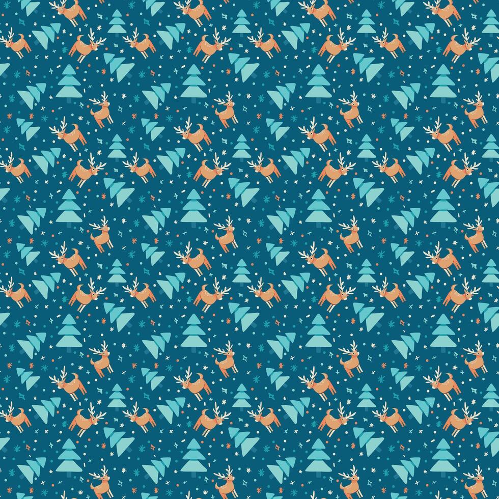 A blue and orange pattern with reindeers and trees vector
