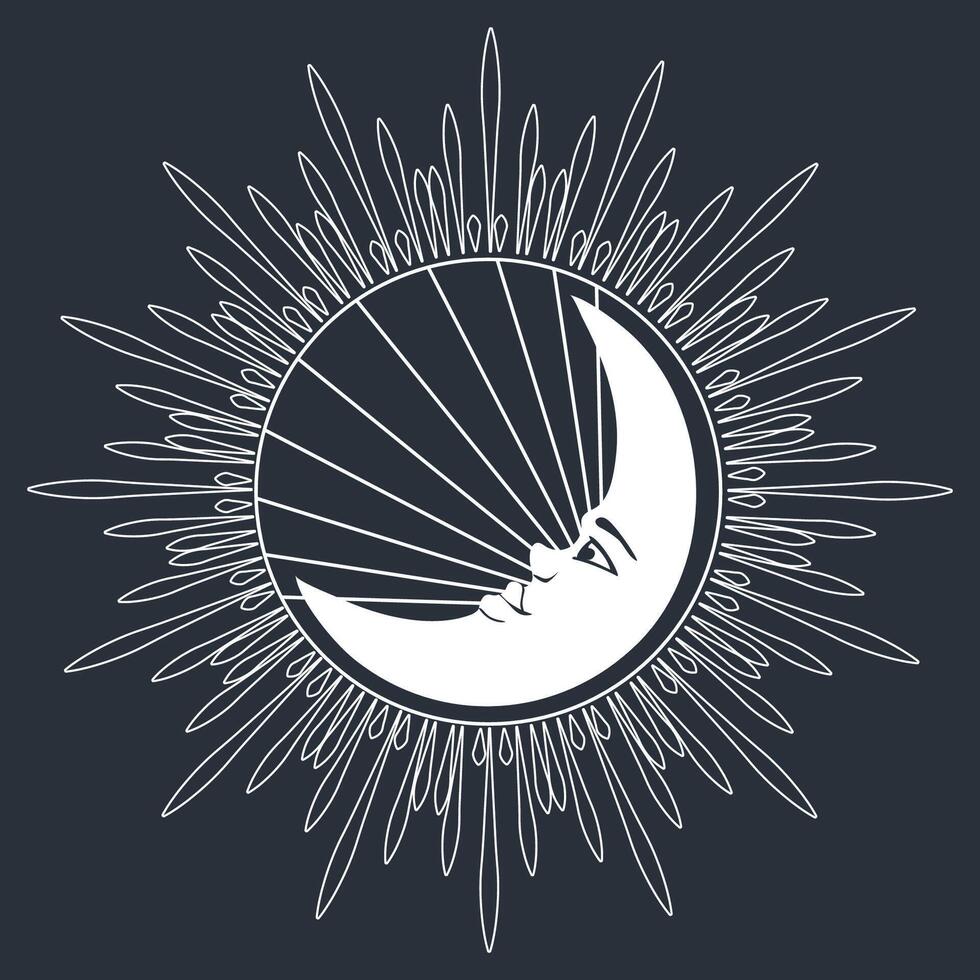 Mystical sun and moon illustrationon dark background vector
