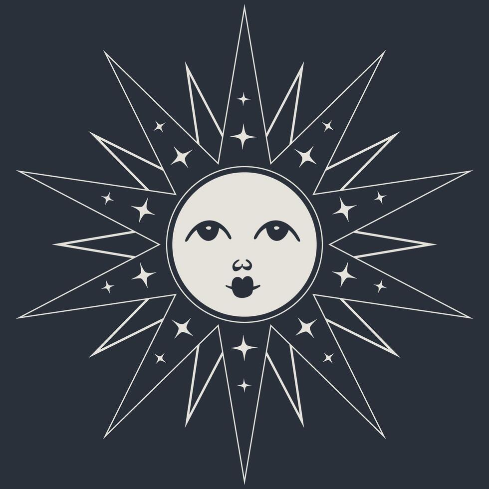 Mystical sun and moon illustration on dark background vector