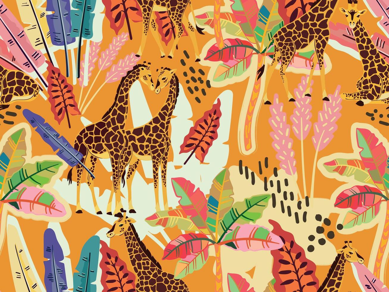 A seamless tropical pattern featuring giraffes and exotic leaves on an orange background. Perfect for summer-themed designs. vector